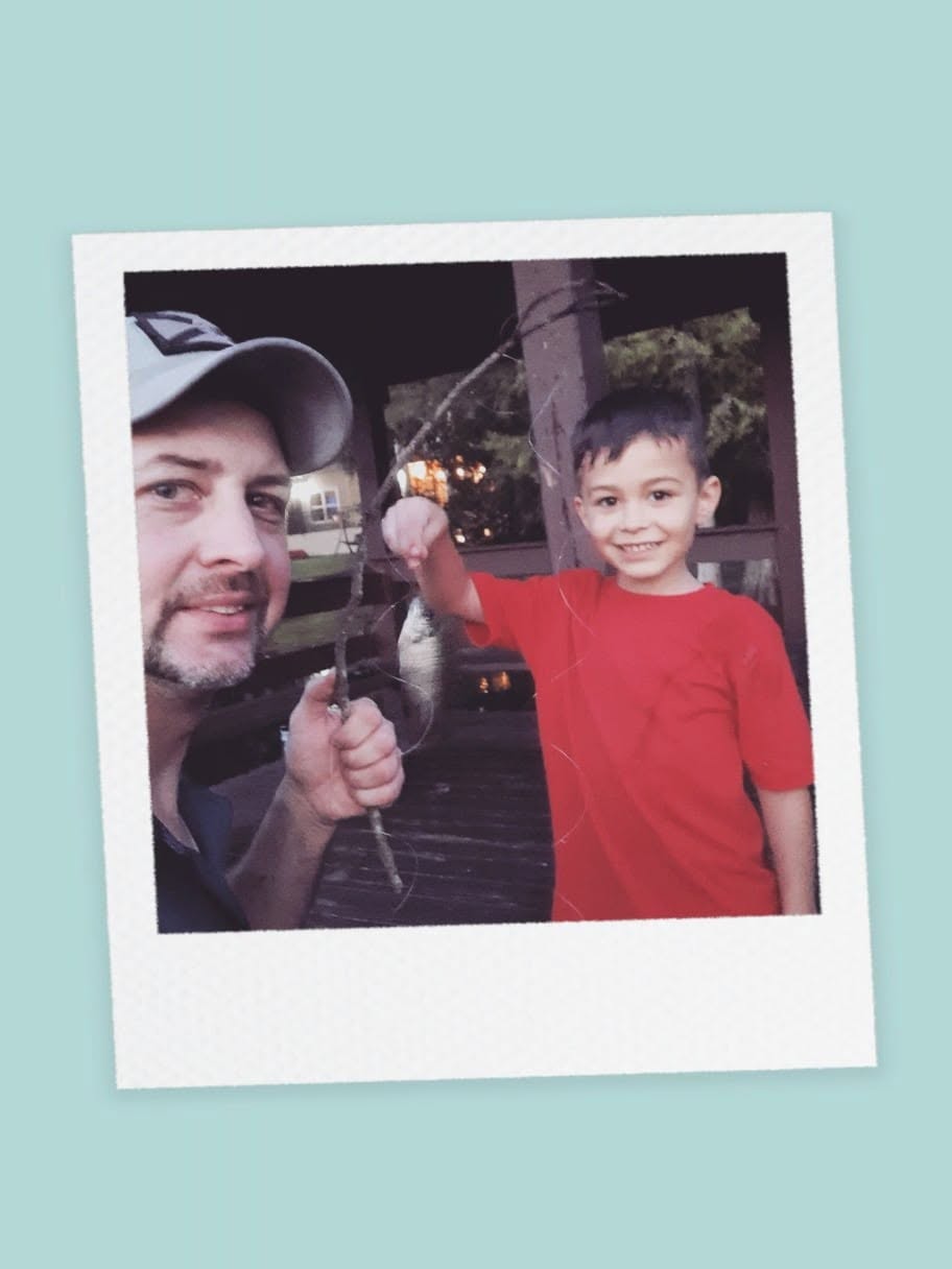 Polaroid-style photo of Doug and his son with a first fish
