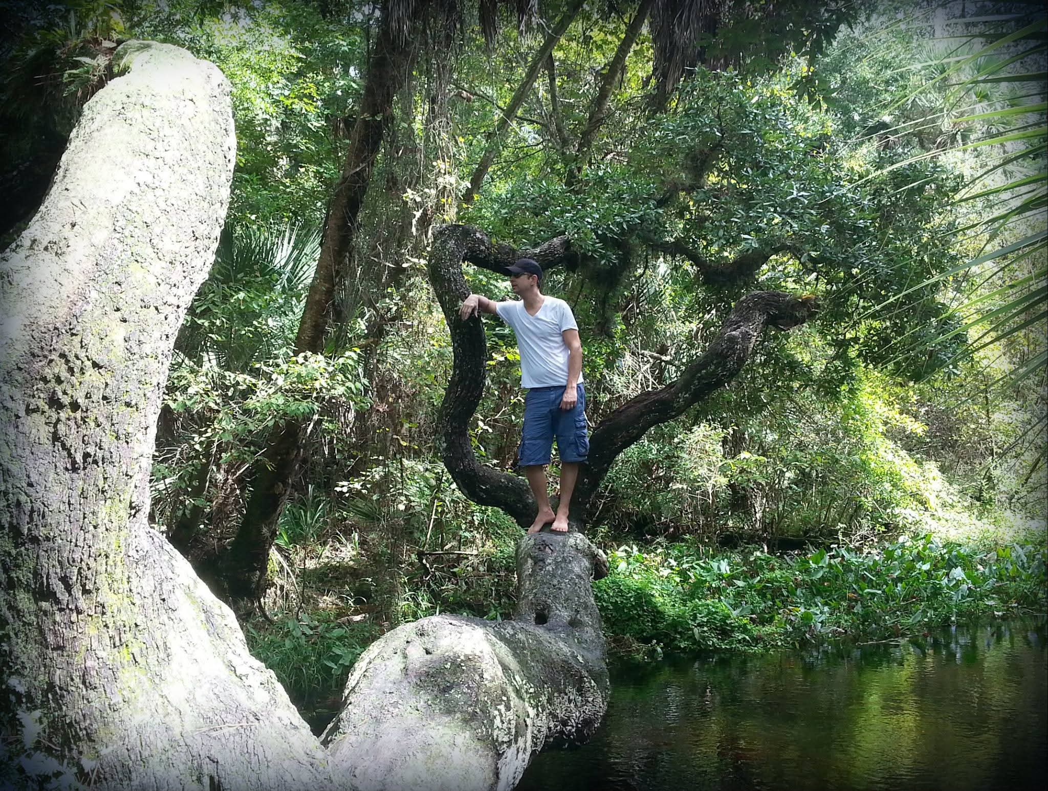 Doug standing on a twisted oak limb hanging over a green Florida river