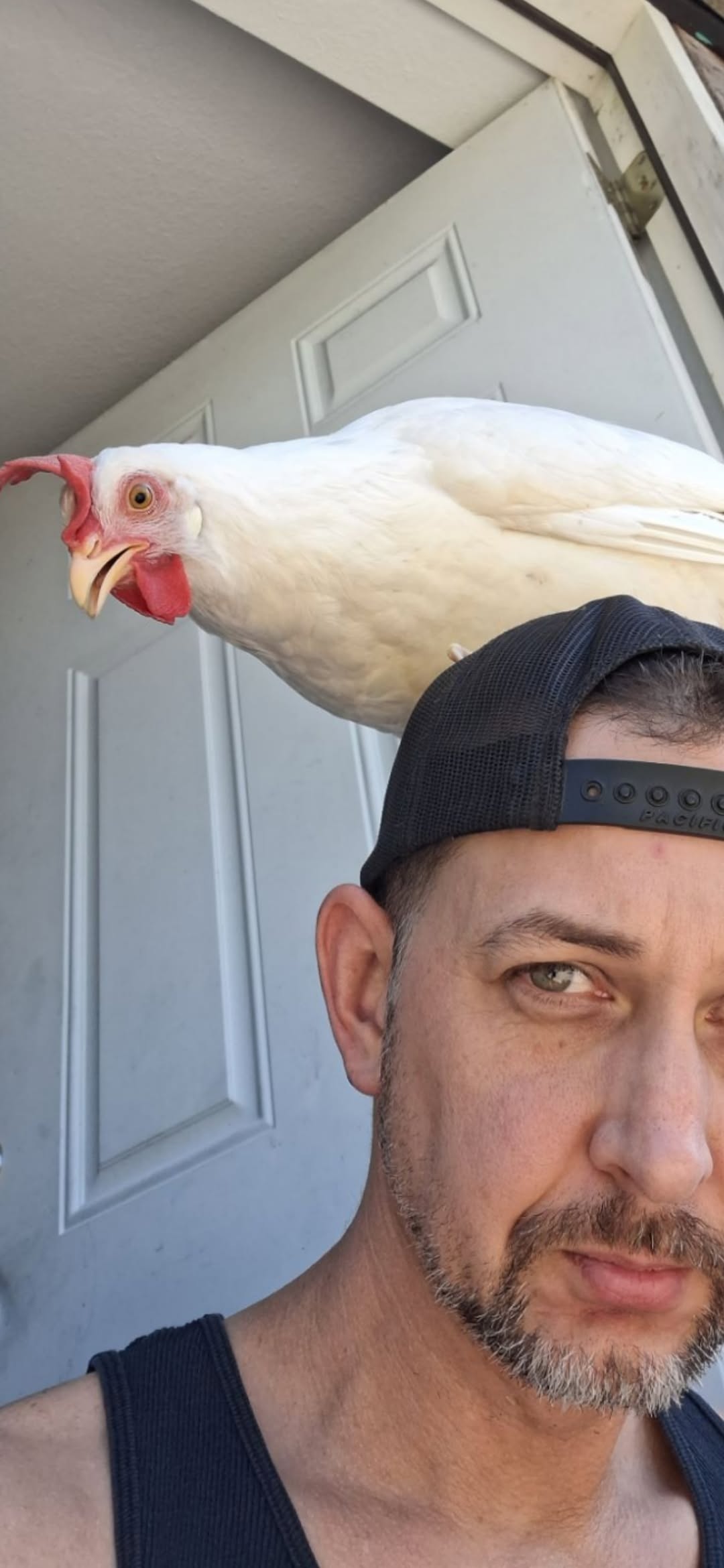 Doug Sahr with a chicken on his head at his front door